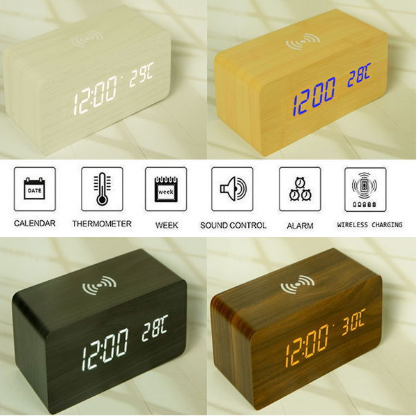 Creative Wooden LED Alarm Clock with Wireless Charging