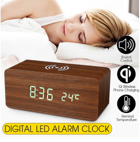 Creative Wooden LED Alarm Clock with Wireless Charging