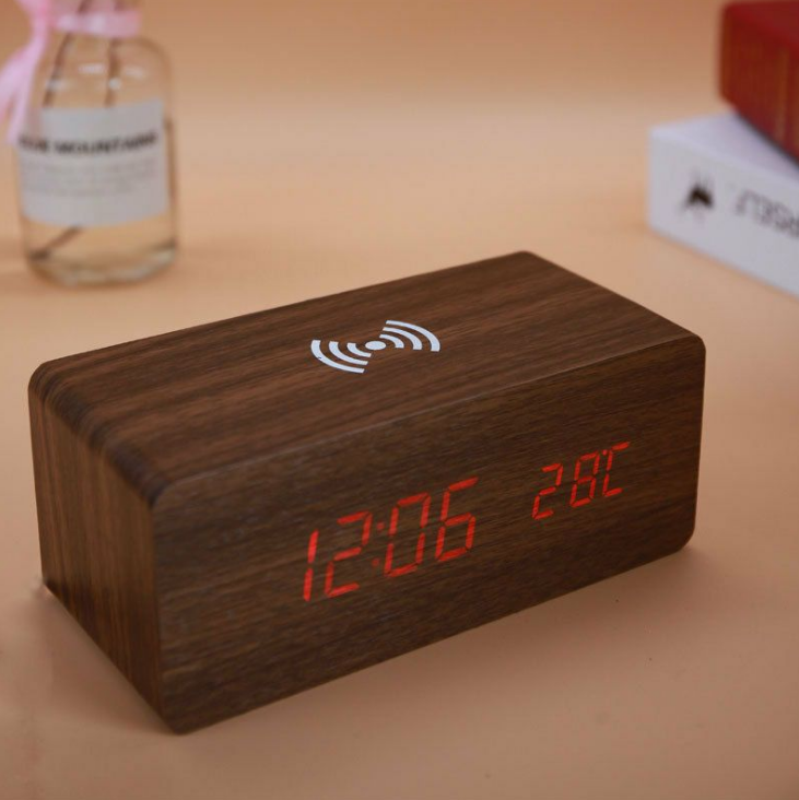 Creative Wooden LED Alarm Clock with Wireless Charging