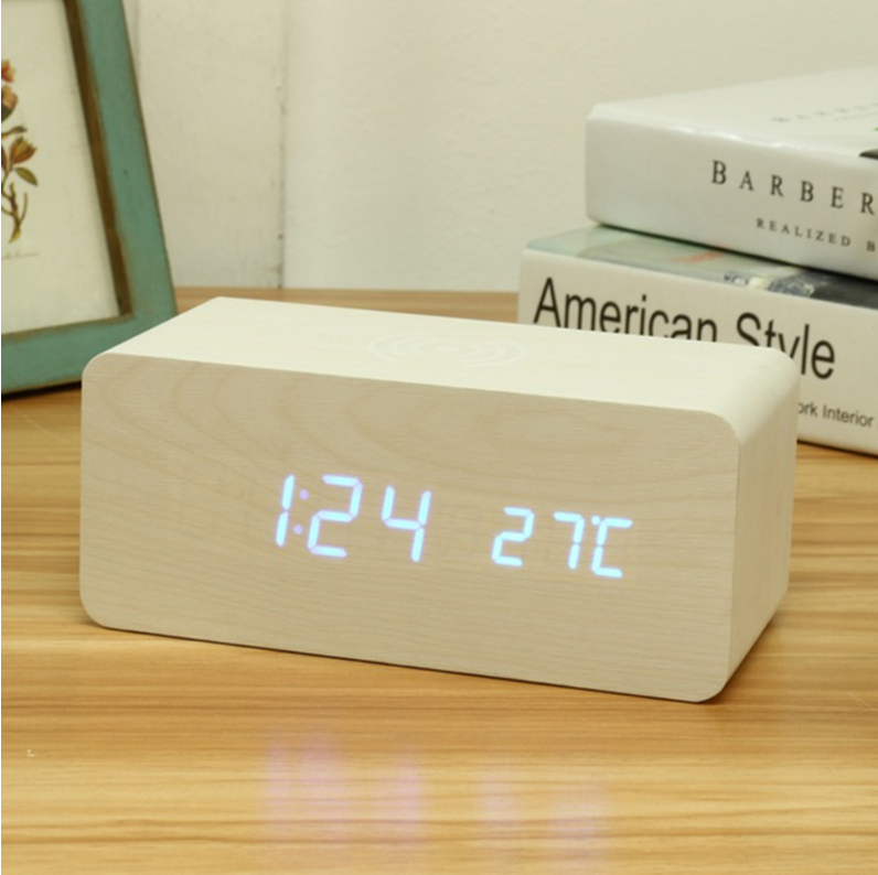 Creative Wooden LED Alarm Clock with Wireless Charging