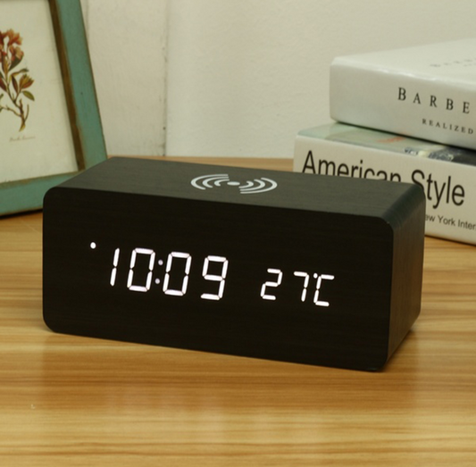 Creative Wooden LED Alarm Clock with Wireless Charging